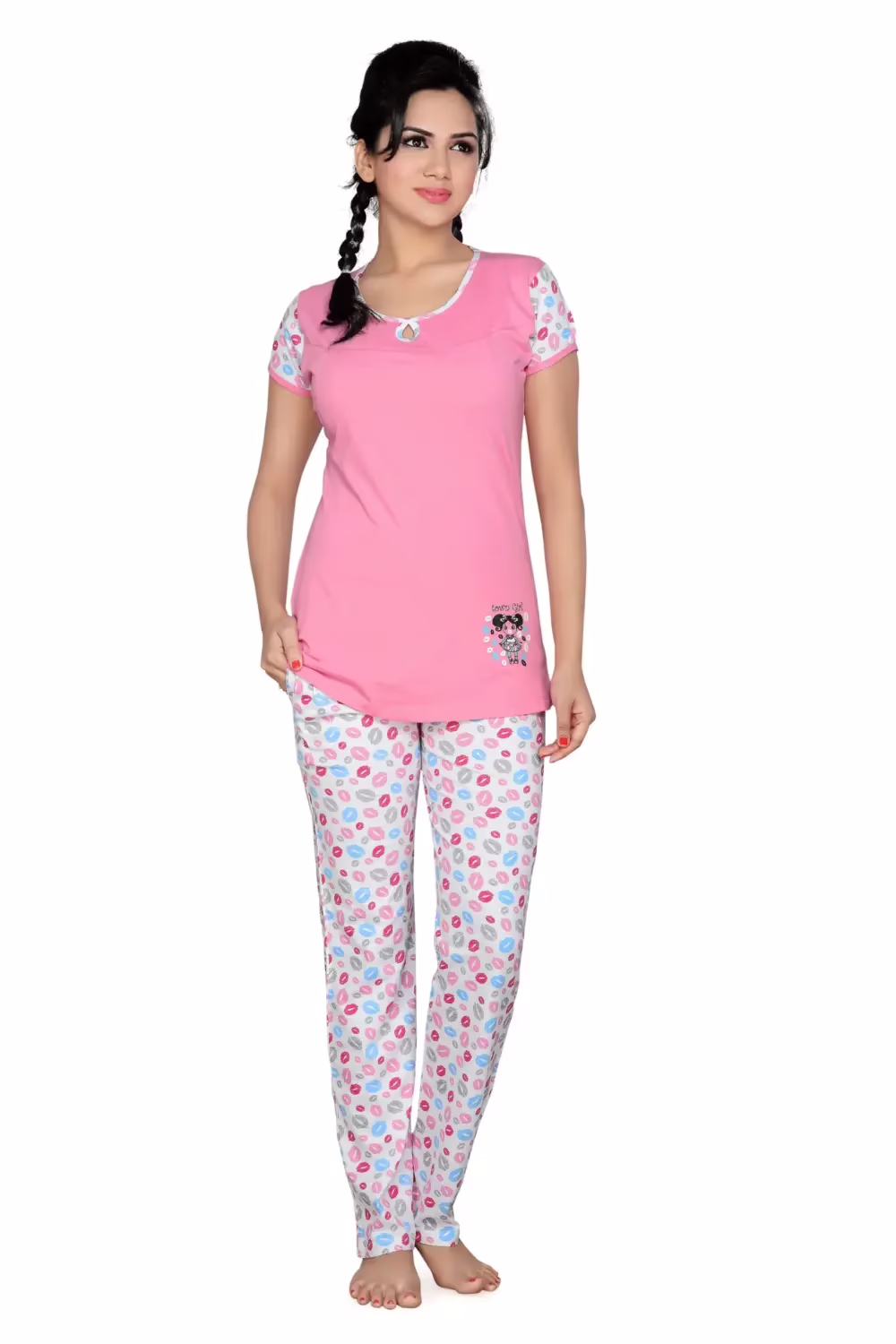 Town Girl-Pink Color top Kiss Pattern Pyjama Night Suit