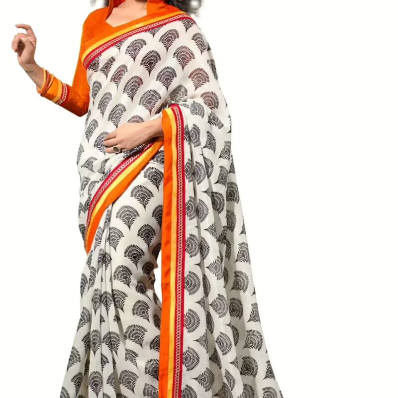 Mizzoli Off White Silk Cotton Printed Saree