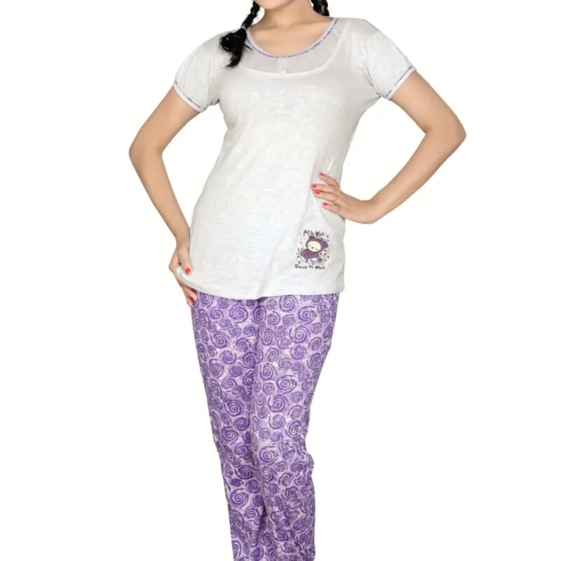 Town Girl-Light Grey Colour Top Spiral Design Pyjama Night Suit