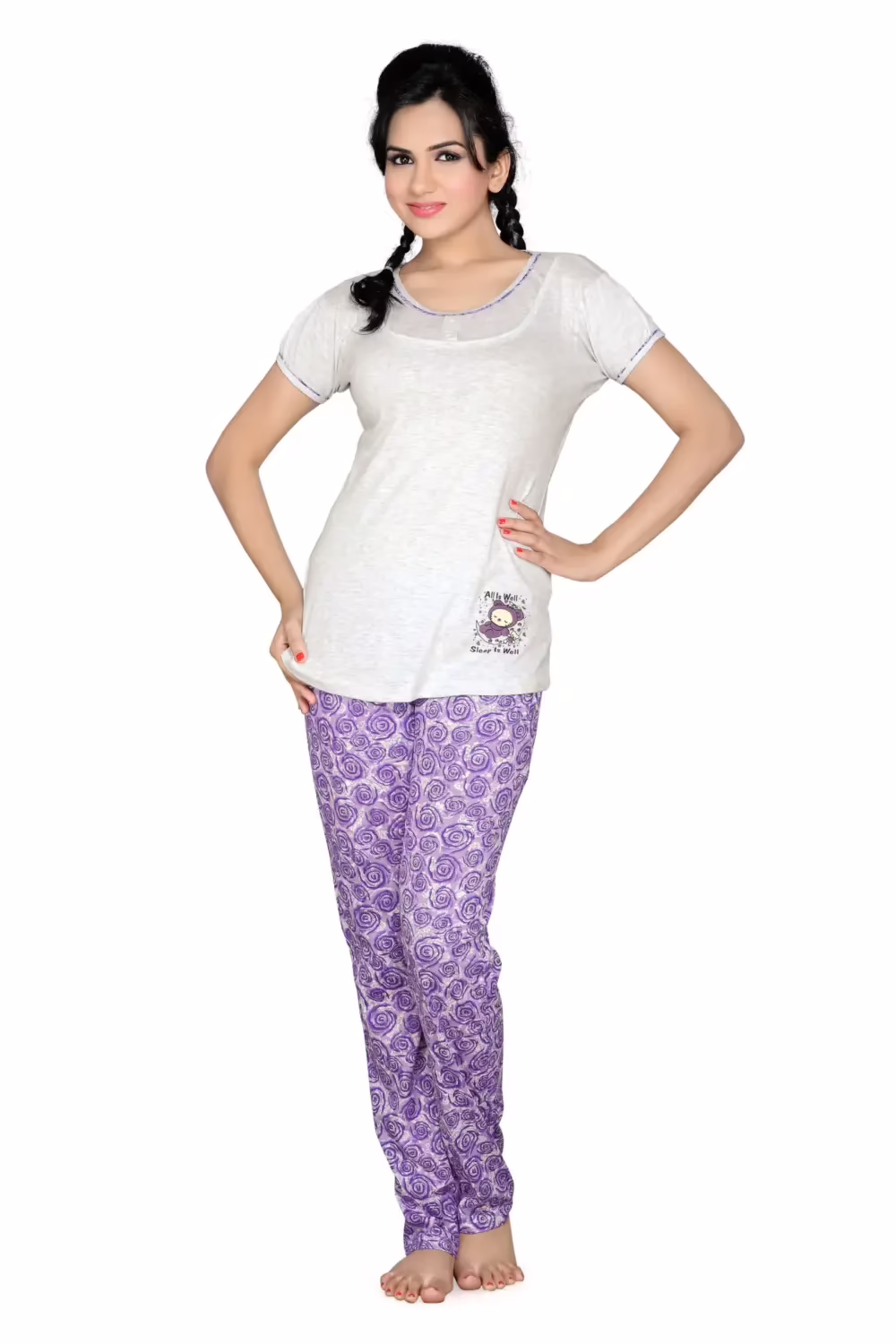 Town Girl-Light Grey Colour Top Spiral Design Pyjama Night Suit