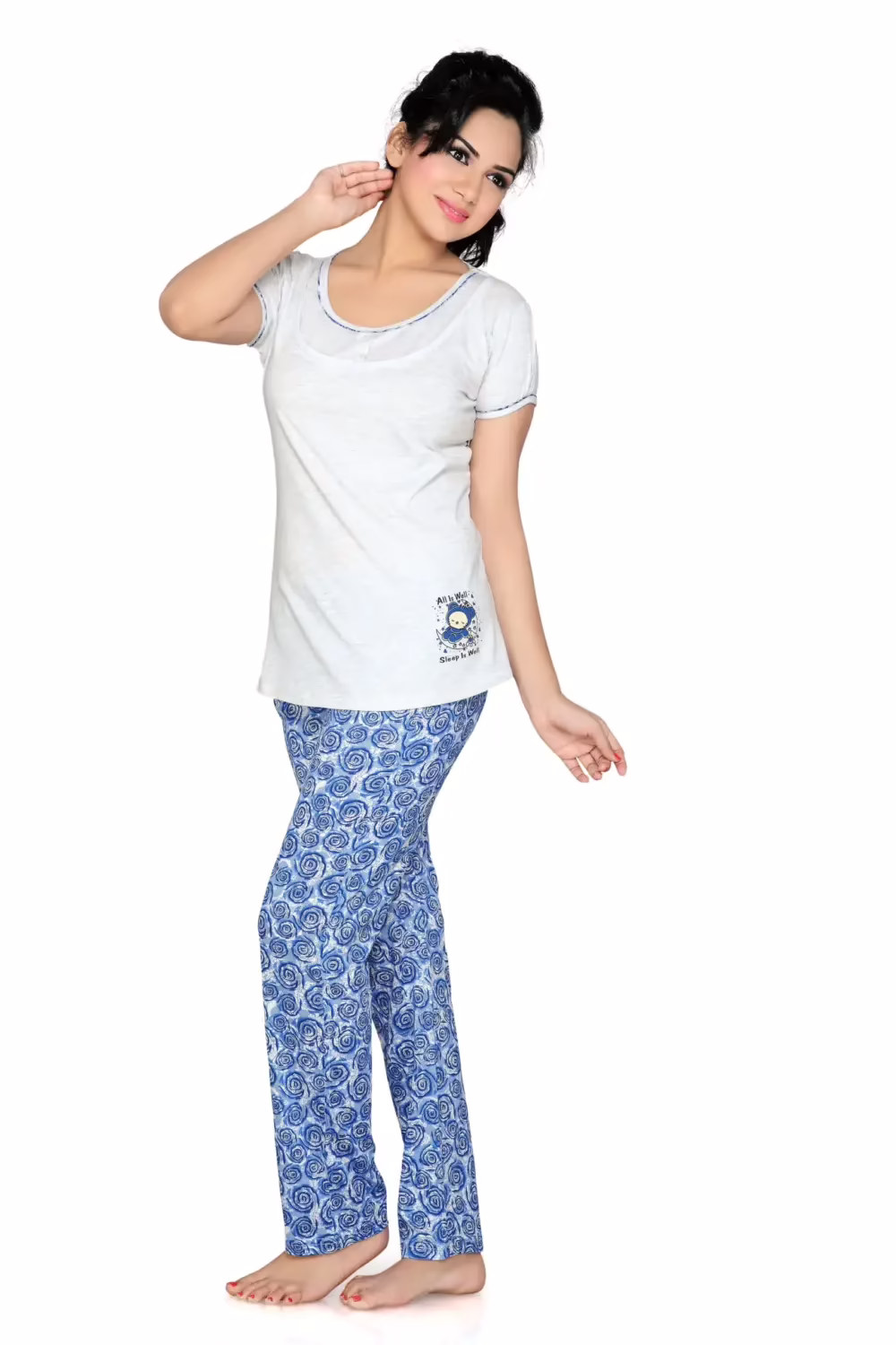 Town Girl-Light Gray Colour Top Blue Spiral Design Pyjama Night Suit