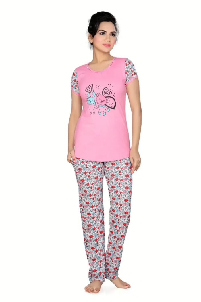 Town Girl-Cute Pink Color Top Floral Print Pyjama Night Suit