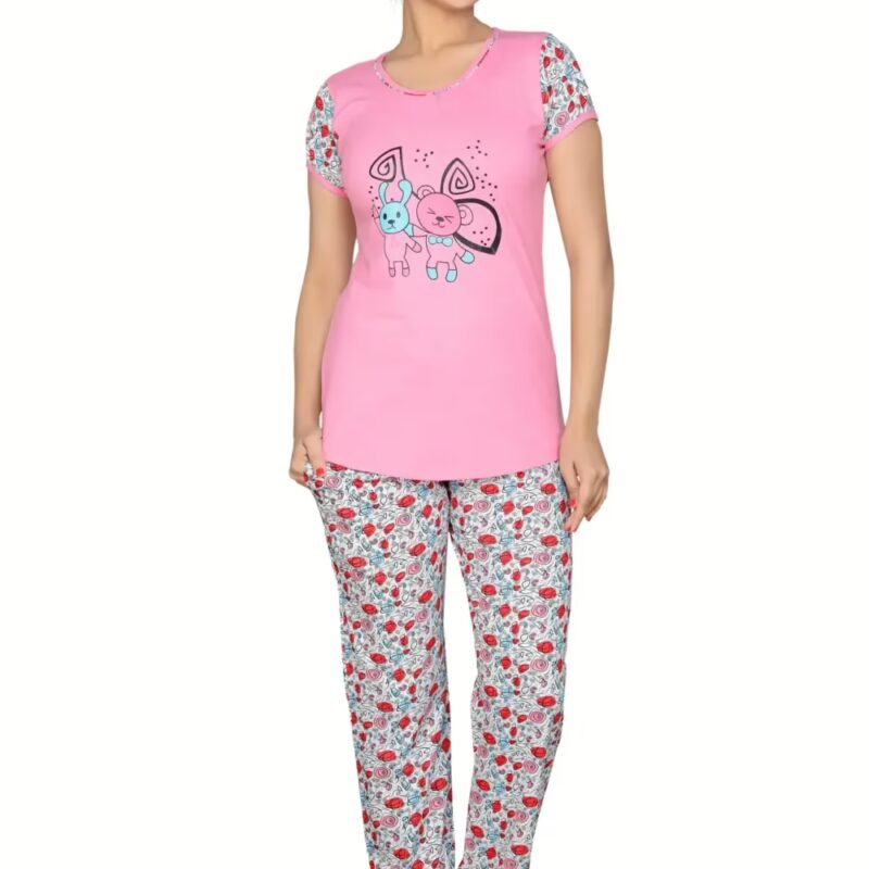 Town Girl-Cute Pink Color Top Floral Print Pyjama Night Suit