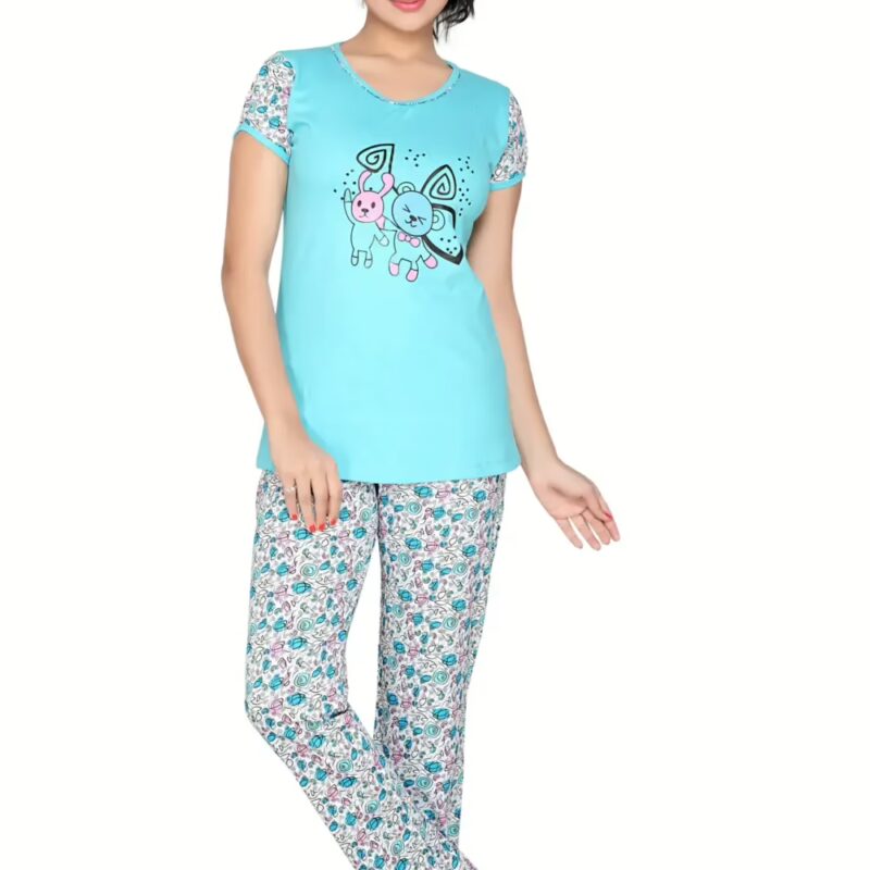 Town Girl-Cute Sky Blue Color Top Floral Print Pyjama Night Suit
