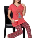 Town Girl-Red Color Top Abstract Design Pyjama Night Suit