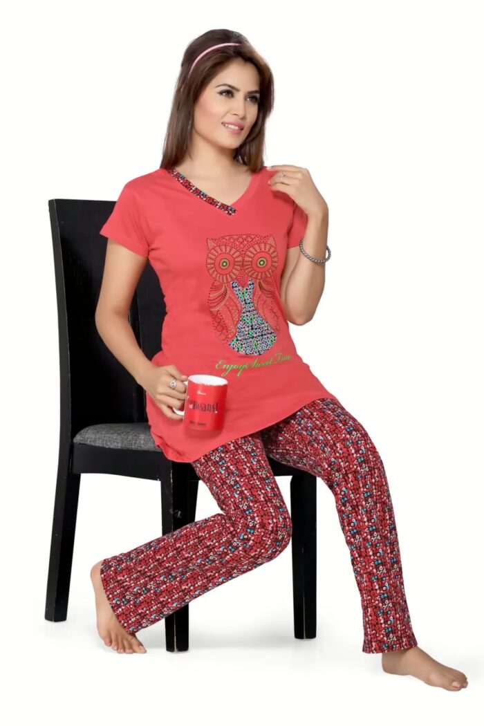 Town Girl-Red Color Top Abstract Design Pyjama Night Suit