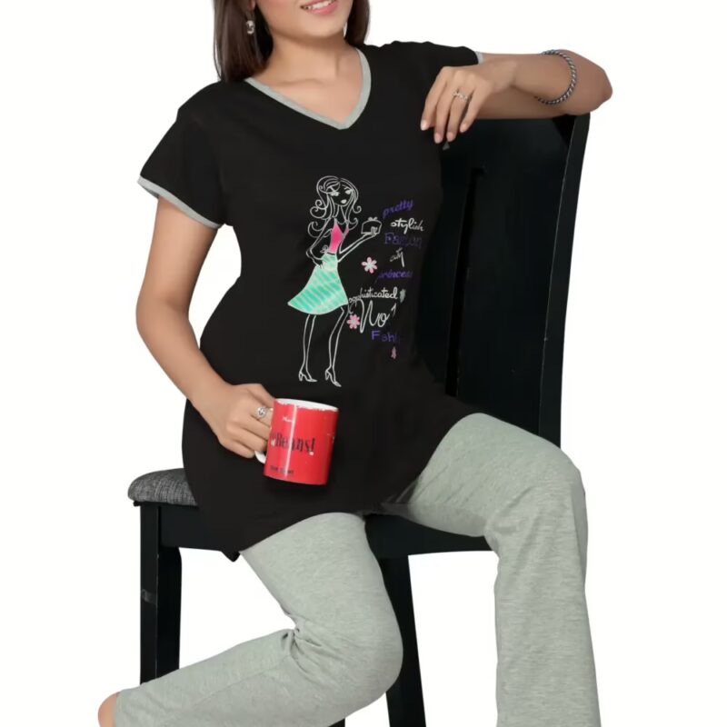 Town Girl-Black Color Top Solid Color Pyjama Night Suit