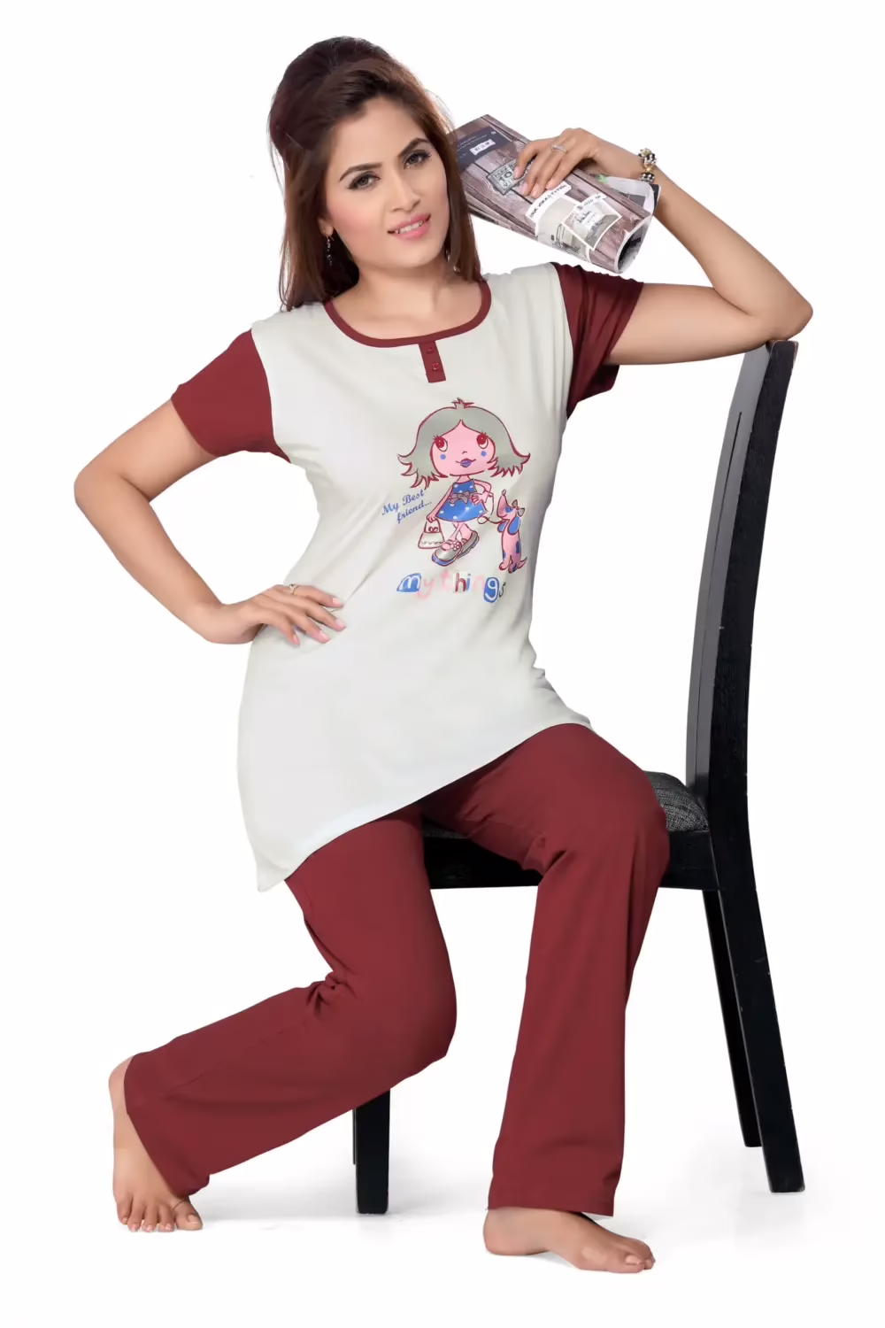 Town Girl-Cute Grey Color Top Solid Color Pyjama Night Suit