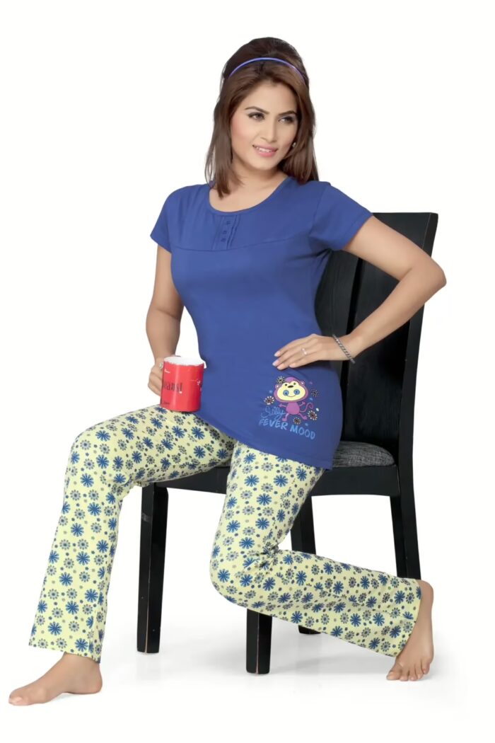 Town Girl-Blue Color Top Floral Pattern Pyjama Night Suit