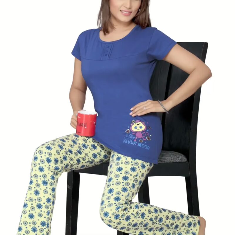 Town Girl-Blue Color Top Floral Pattern Pyjama Night Suit