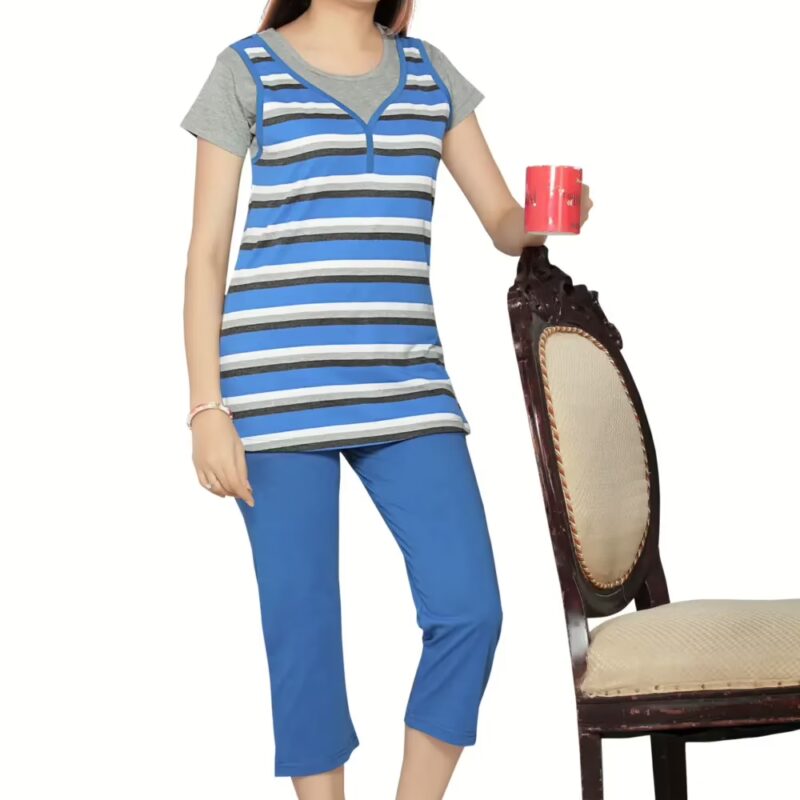 Town Girl-Blue White Stripes Top Solid Color Capry Night Suit