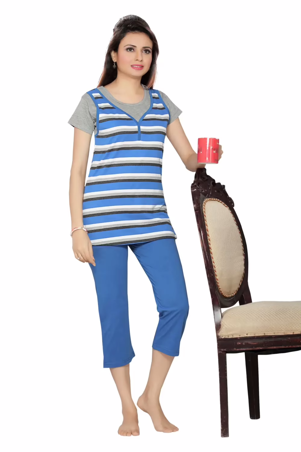 Town Girl-Blue White Stripes Top Solid Color Capry Night Suit