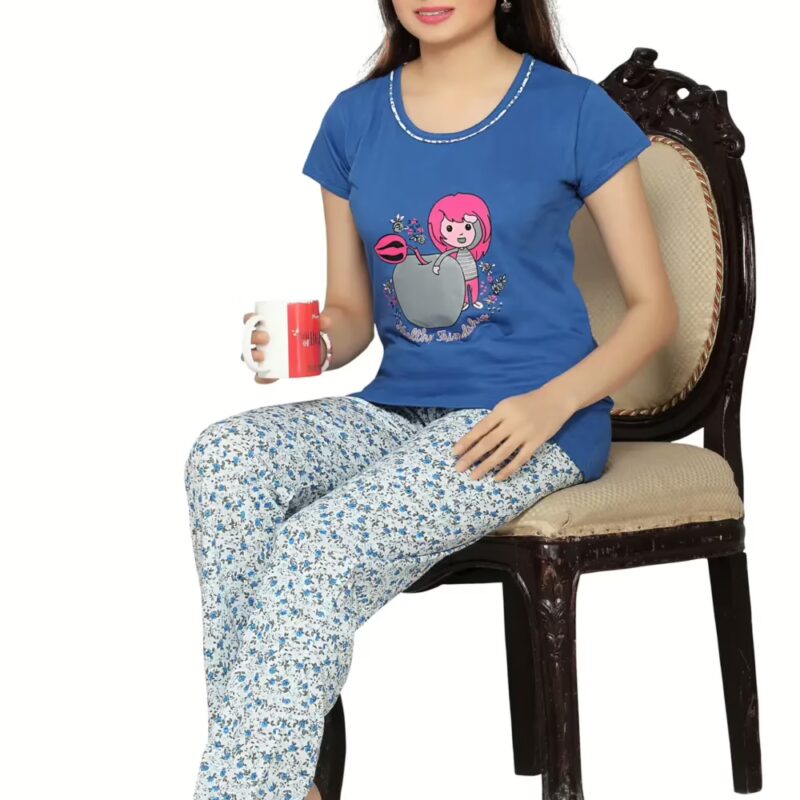 Town Girl-Blue Color Trendy Top Floral Pattern Pyjama Night Suit
