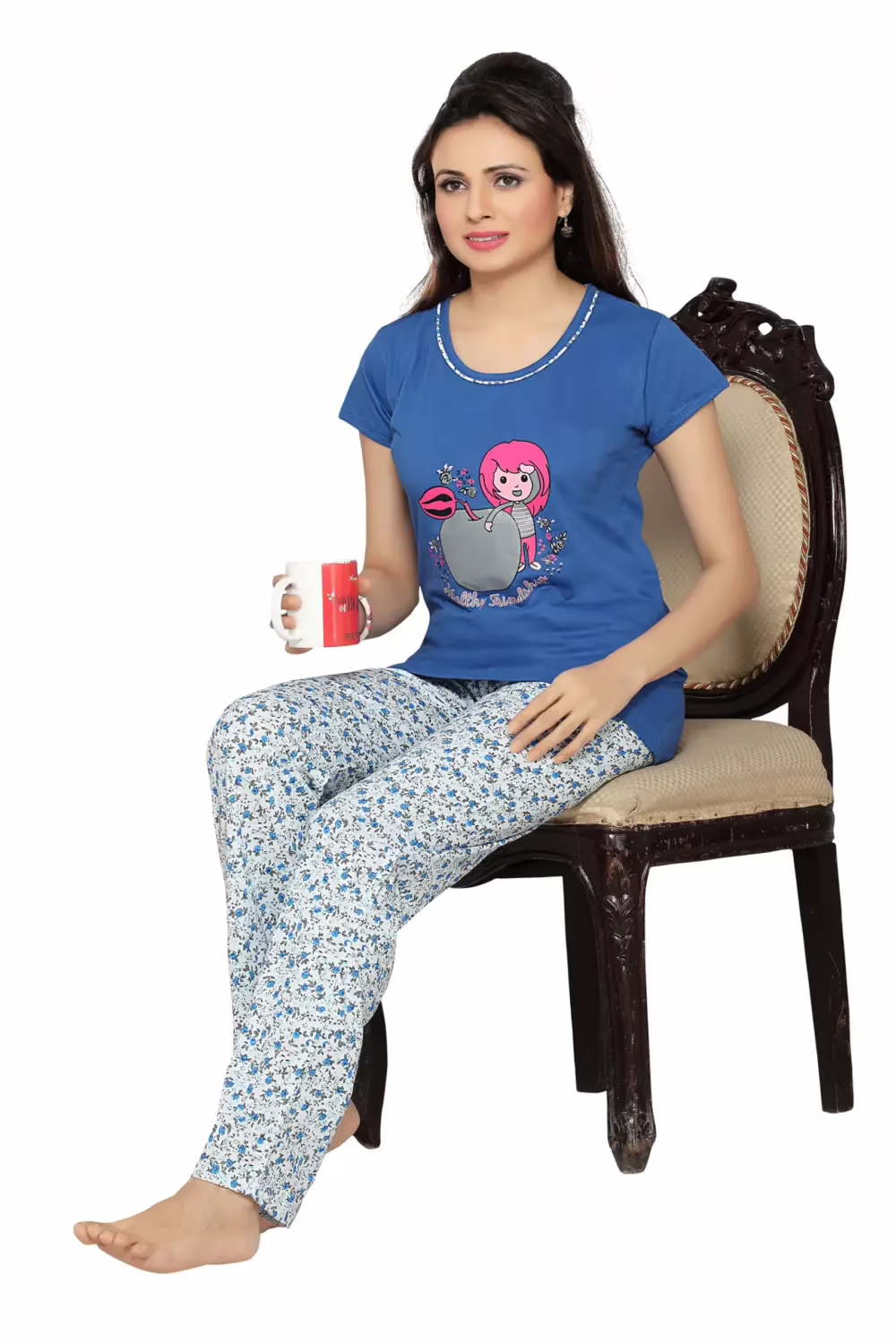 Town Girl-Blue Color Trendy Top Floral Pattern Pyjama Night Suit