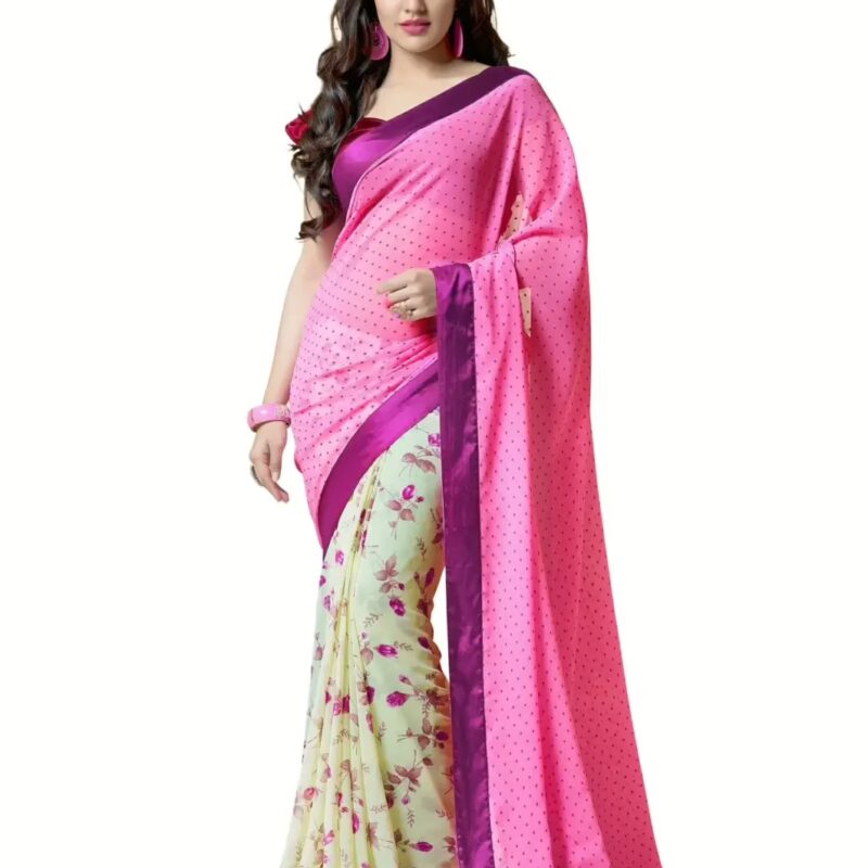 Mizzoli Pink & Off-White Georgette Casual Print Saree