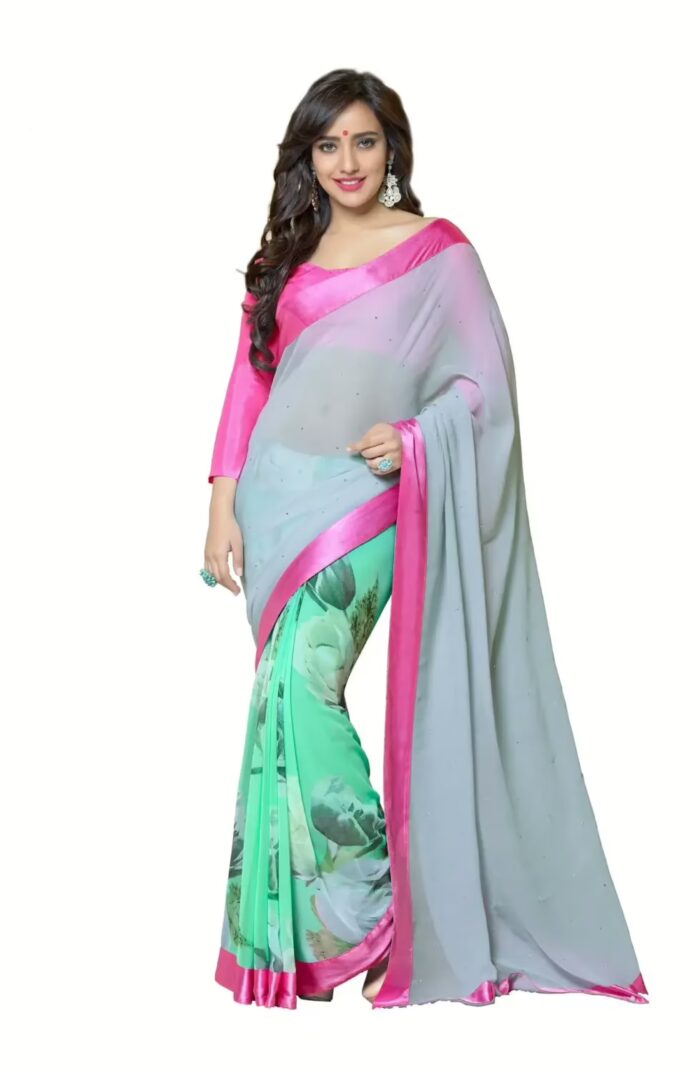 Mizzoli Pink & Grey  Georgette Casual Print Saree