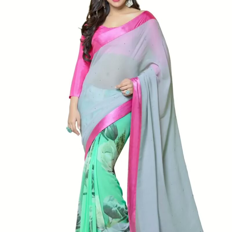 Mizzoli Pink & Grey  Georgette Casual Print Saree