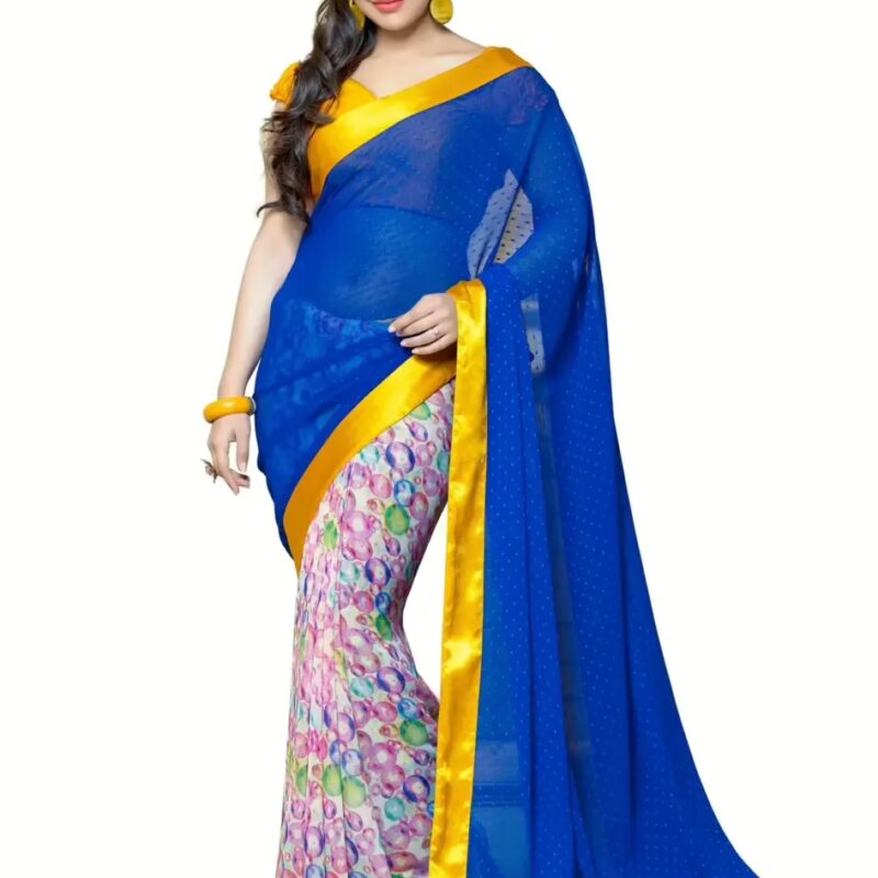 Mizzoli Yellow & Blue Georgette Casual Print Saree