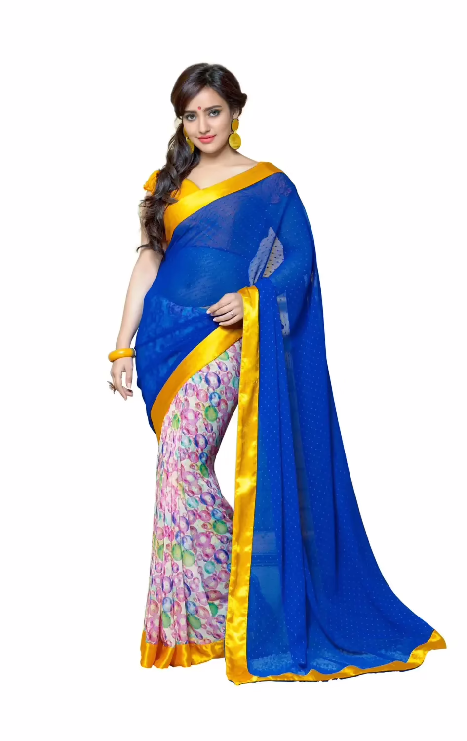 Mizzoli Yellow & Blue Georgette Casual Print Saree