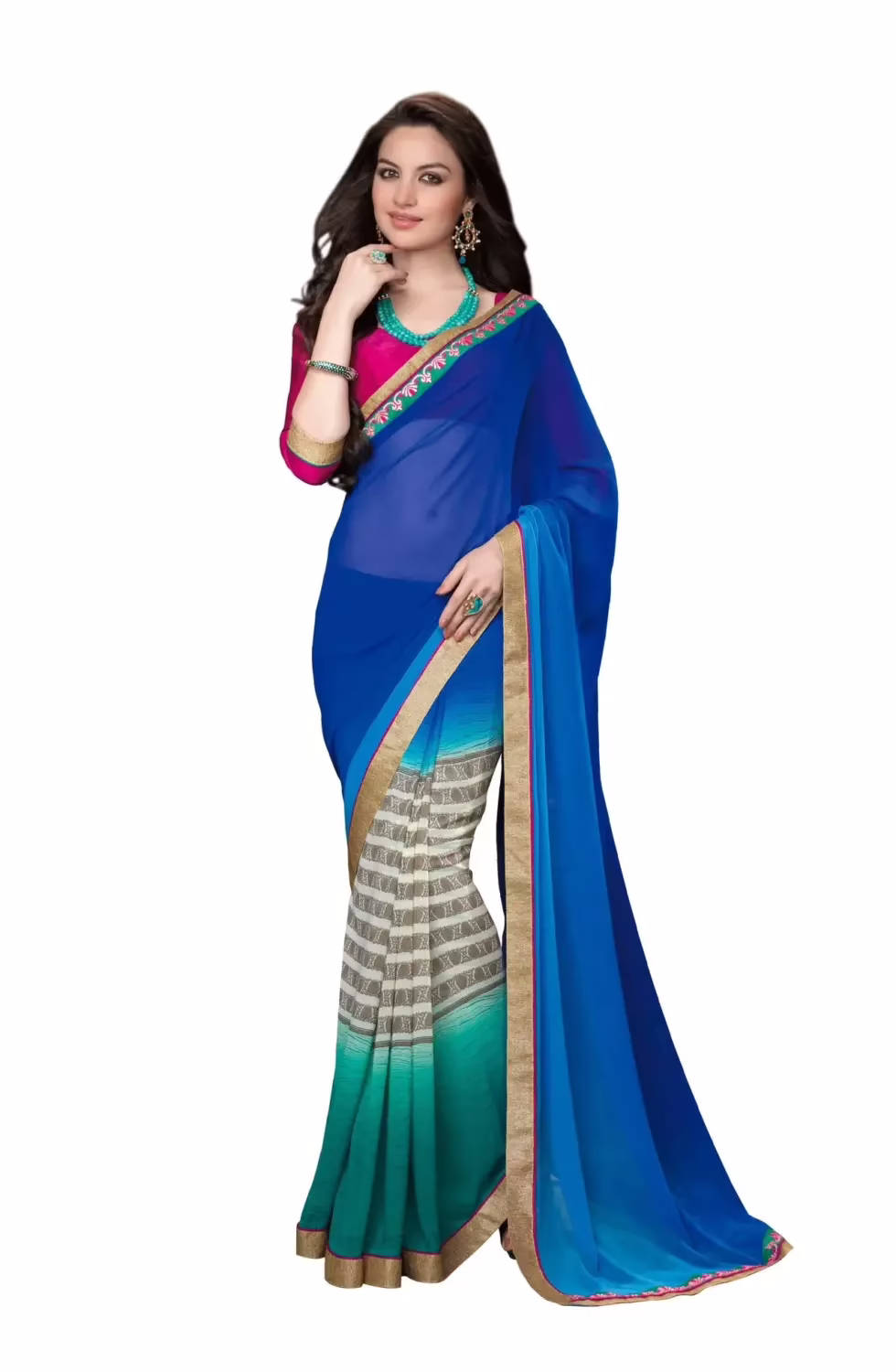 Mizzoli Smashing Blue & Green Shade Half & Half Style Saree