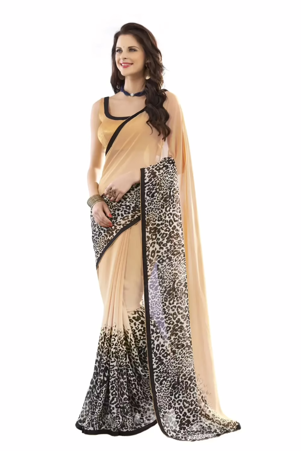 Mizzoli Beige Designer Georgette Printed Sarees