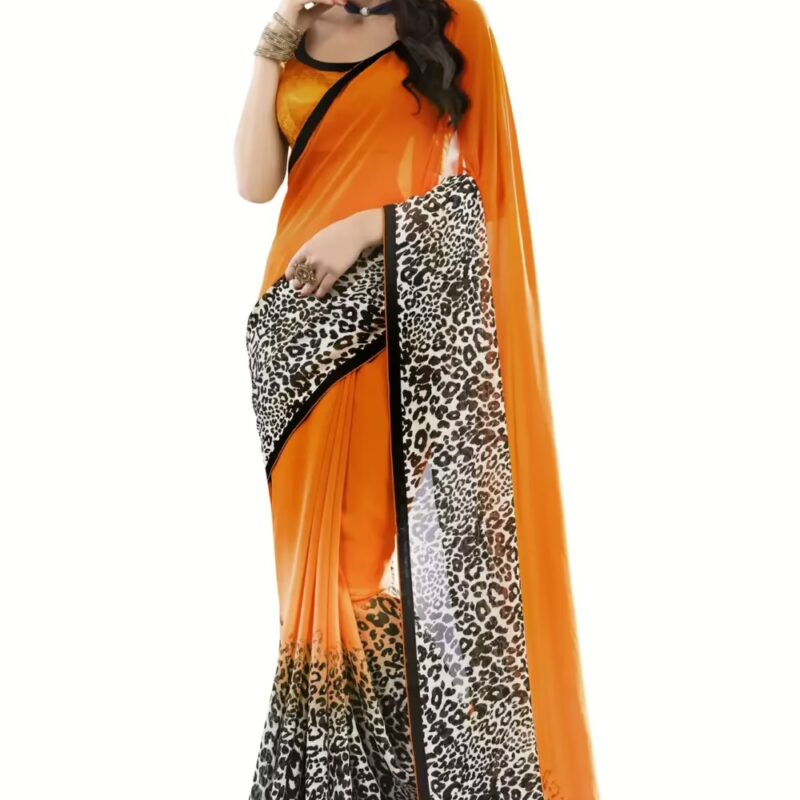 Mizzoli Orange Designer Georgette Printed Sarees
