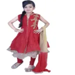 Pazaar Rose-Madder Red And Peach Yellow Embroidered Festival Kids Anarkali Suit