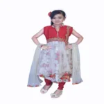 Pazaar Off-white And Rose-Madder Red Embroidered Festival Kids Anarkali Suit
