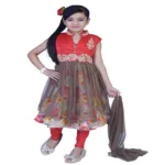 Pazaar Rose-Madder Red And Deep Fallow Brown Embroidered Festival Kids Anarkali Suit