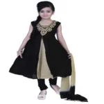 Pazaar Black  And Peach Yellow Embroidered Festival Kids Anarkali Suit
