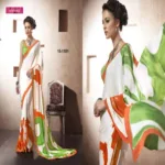 White & Orange Silk Crepe Printed Saree