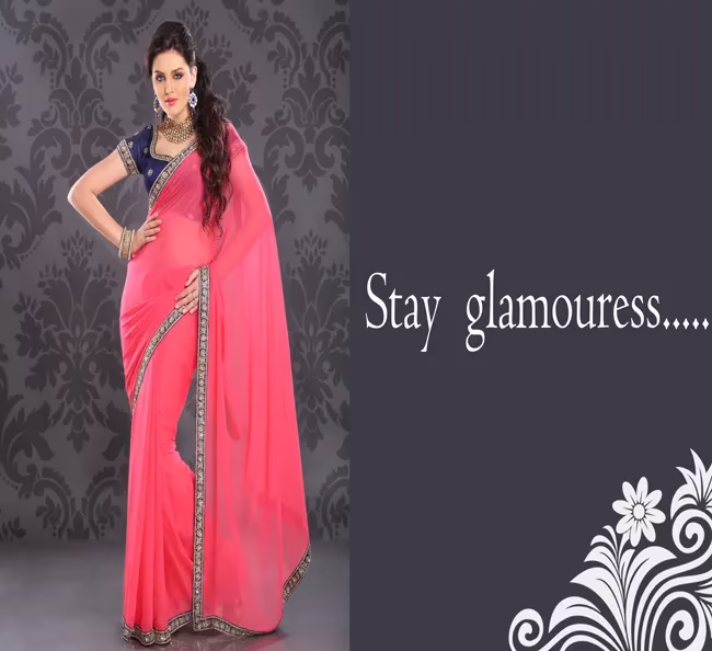 Pazaar Brink Pink Embroidered Party Saree  With Zari Thread