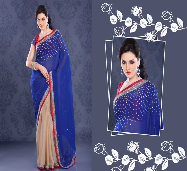 Pazaar Persian Blue Papaya-Whip Yellow Embroidered Party Saree With Zari Thread