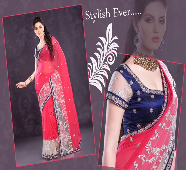 Pazaar Amaranth Red Embroidered Party Saree  With Zari Thread