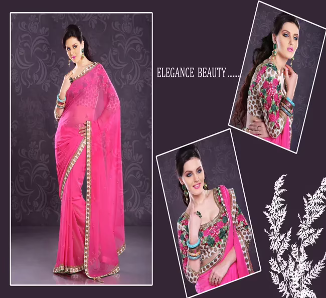 Pazaar Cerise Pink Embroidered Party Saree  With Zari  Resham Thread