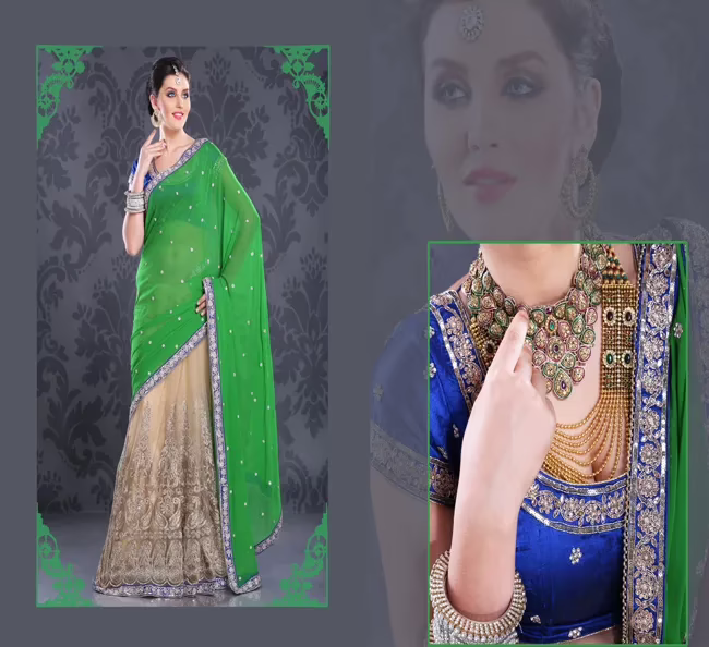 Pazaar Deep Lime Green  Peach Yellow Embroidered Lehenga Style Saree