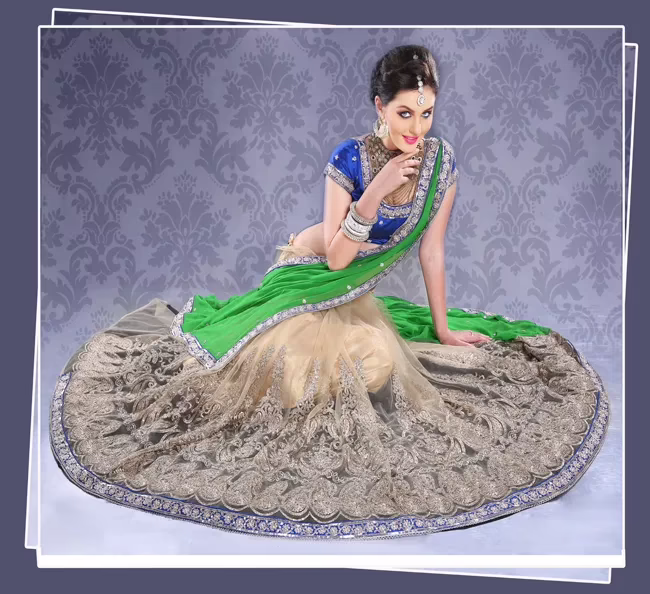 Pazaar Deep Lime Green Peach Yellow Embroidered Lehenga Style Saree - Image 2