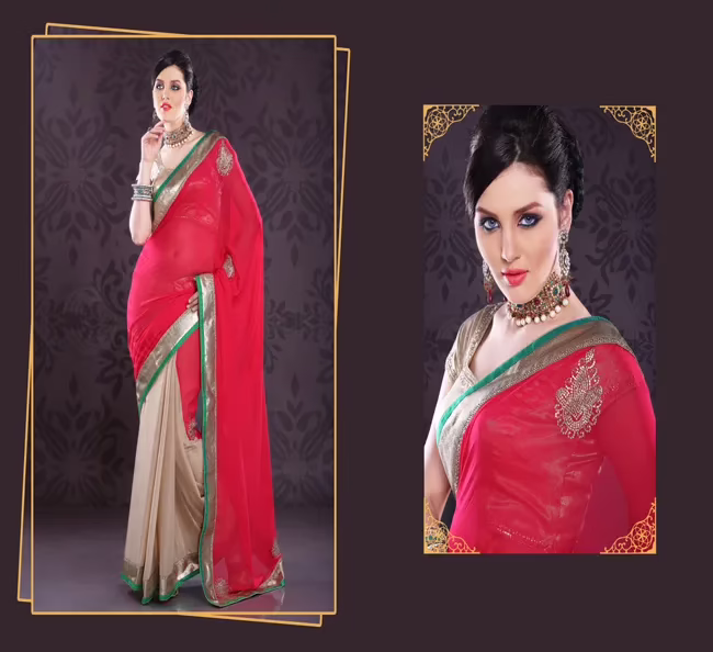 Pazaar Rose-madder Red Papaya-Whip Yellow Embroidered Party Saree