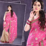 Pazaar Mohini Hot Pink & Papaya Chiffon Foil Georgette Embroidered Saree