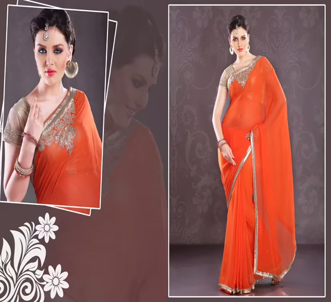 Pazaar Portland Orange Embroidered Party Saree  With Zari Thread