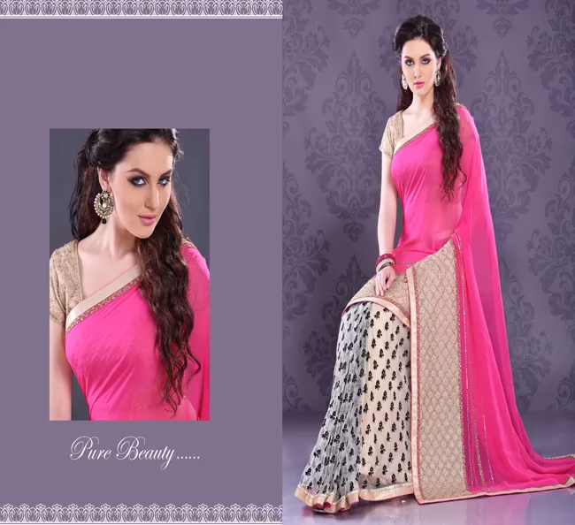 Pazaar Persian-Rose Pink Off-white Embroidered Party Saree With Resham Zari Thread