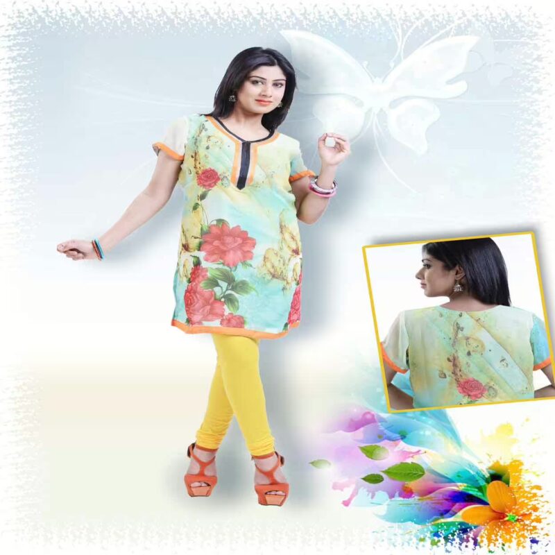Moss Green and Sky Blue Printed Party Kurti