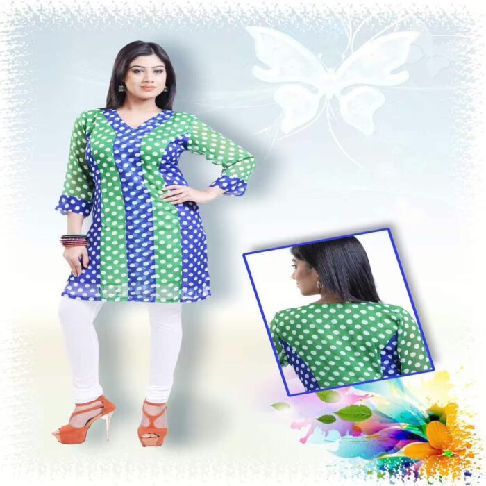 Dark Blue and Sea Green Printed Party Kurti