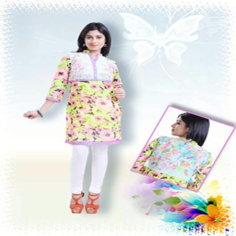 Powder Blue and Lime Green printed party kurti with Floral print