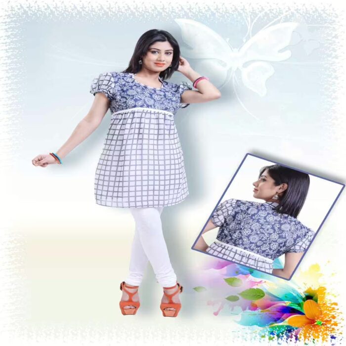 Off-white and Prussian Blue Printed Party Kurti