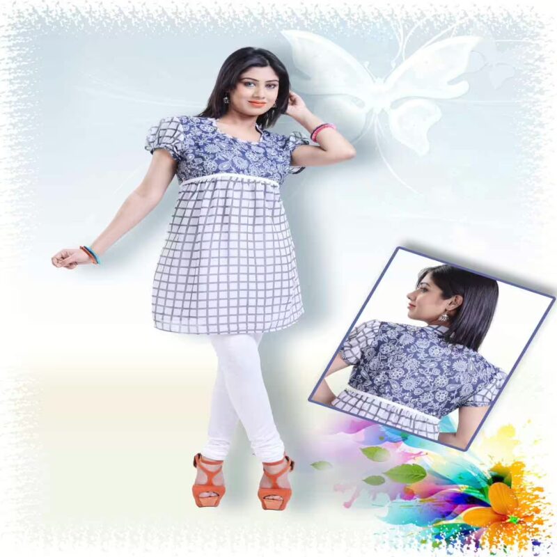 Off-white and Prussian Blue Printed Party Kurti
