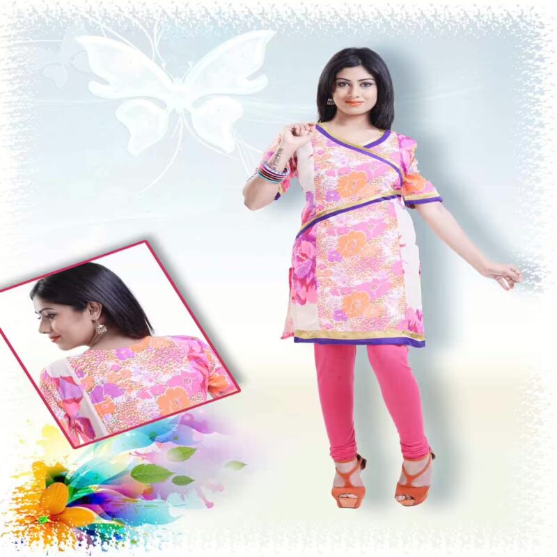 Off-white and Rose Pink Printed Party Kurti