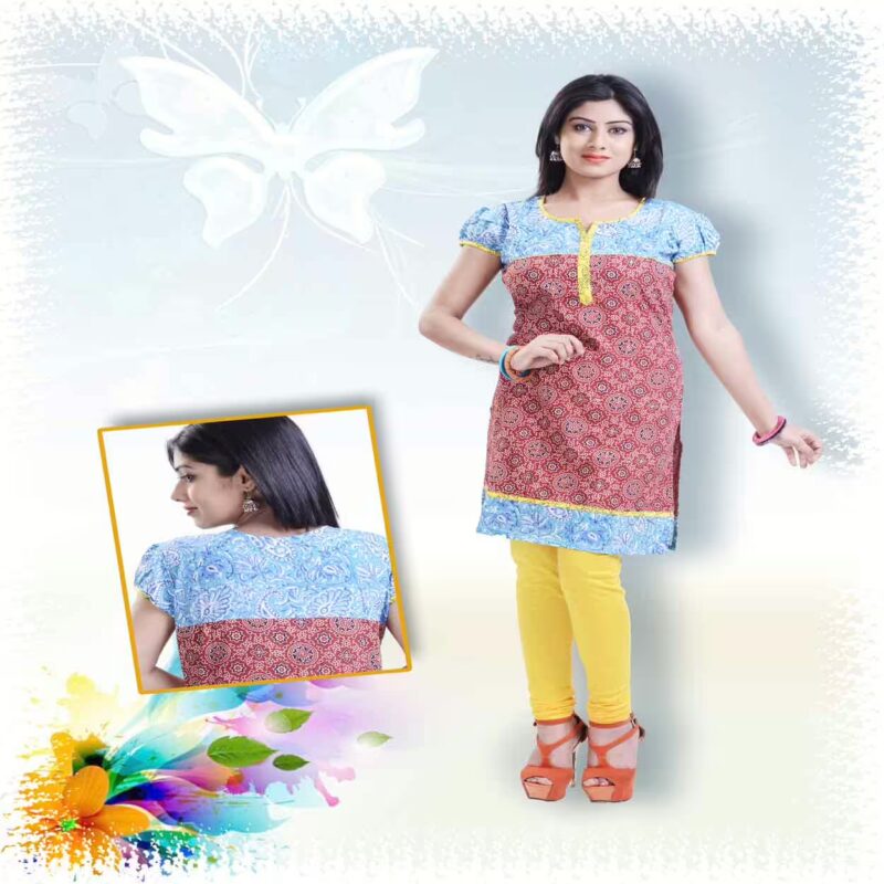 Sky Blue and Maroon Printed Party Kurti