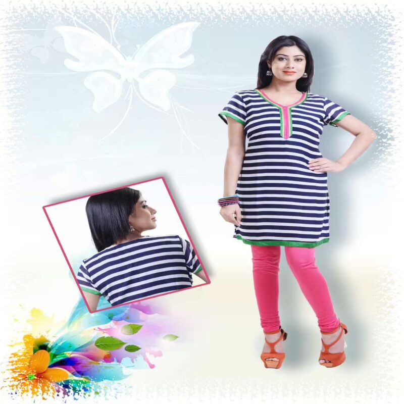 Sapphire Blue and Off-white Stripes Printed Kurti