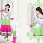 Pazaar Kaanchi Off White & Lime Green Embroidered Anarkali Salwar Kameez